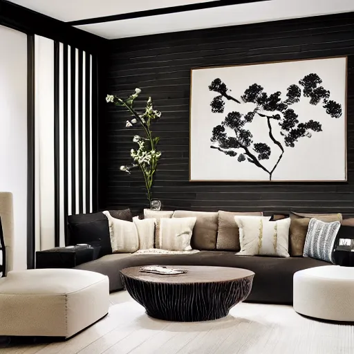 Image similar to lounge and dining room, stone, interior design, stylish luxury hotel living room design, yakisugi, black vertical slatted timber, textures, feminine, black walls, art, Japanese pottery vase with flowers, kakejiku, seasonal, Japanese influences