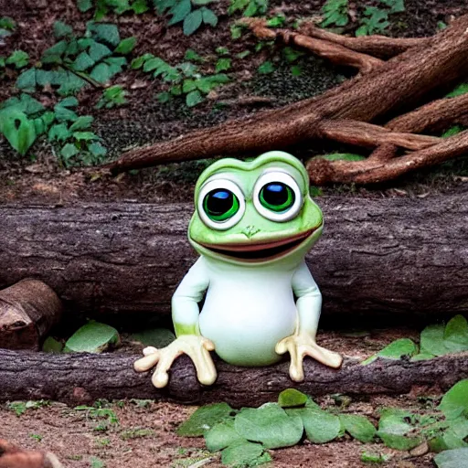 Prompt: baby pepe the frog, larg eyes, sitting on a log, pixar, disney, dynamic lighting, bokeh