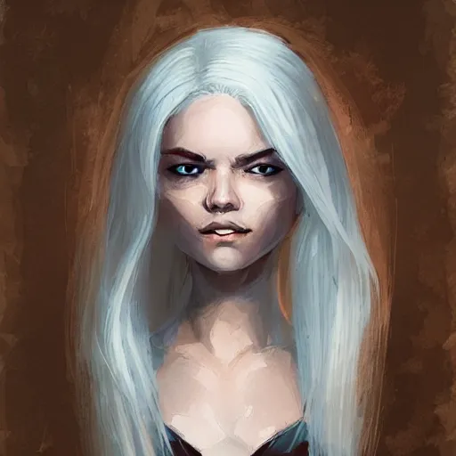 Prompt: young woman with white hair. In the style of Marc Simonetti.