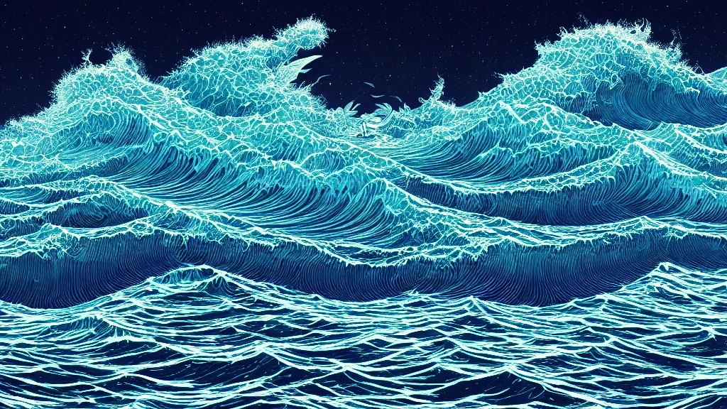 Image similar to highly detailed illustration of high exposure ocean waves at night by moebius, nico delort, oliver vernon, kilian eng, joseph moncada, damon soule, manabu ikeda, kyle hotz, dan mumford, otomo, 4 k resolution