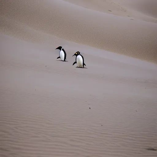 Prompt: penguins sunglasses sliding in sand dunes, photography