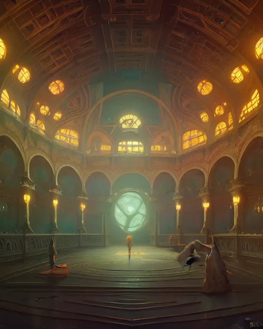 Image similar to highly detailed surreal vfx great hall, stephen bliss, unreal engine, greg rutkowski, loish, rhads, beeple, makoto shinkai and lois van baarle, ilya kuvshinov, rossdraws, tom bagshaw, alphonse mucha, global illumination, detailed and intricate environment