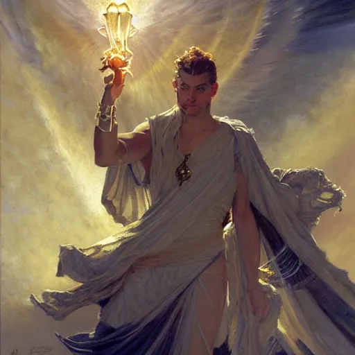 Image similar to attractive male deity casts light spell, summons attractive male lucifer morningstar. highly detailed painting by gaston bussiere, craig mullins, j. c. leyendecker 8 k