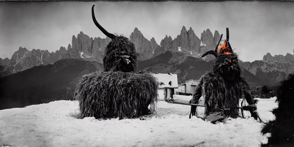 Image similar to 1 9 2 0 s photography of krampus hay monster burning on a pyre, submerged in snow, alpine huts and dolomites in background