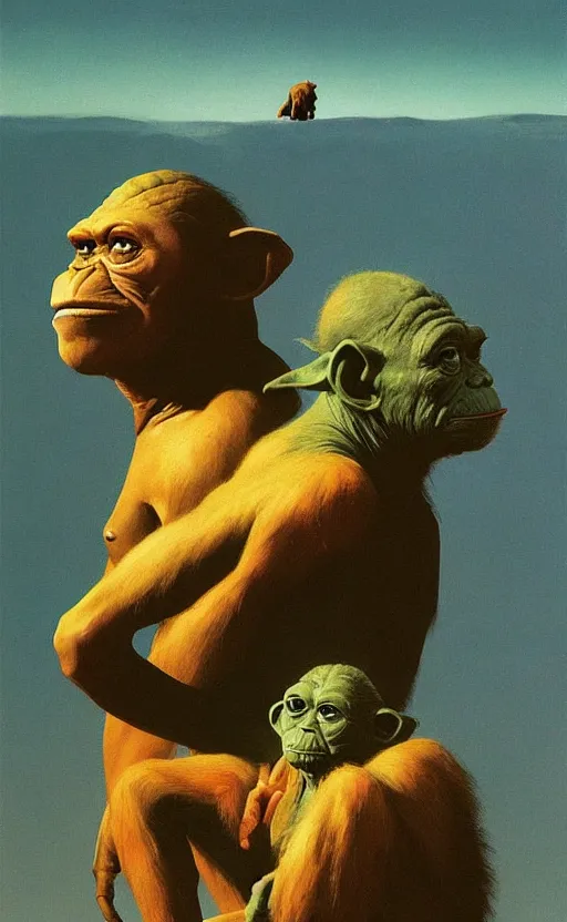 Image similar to chimpanse war in space fighting yoda ,Edward Hopper and James Gilleard, Zdzislaw Beksinski highly detailed