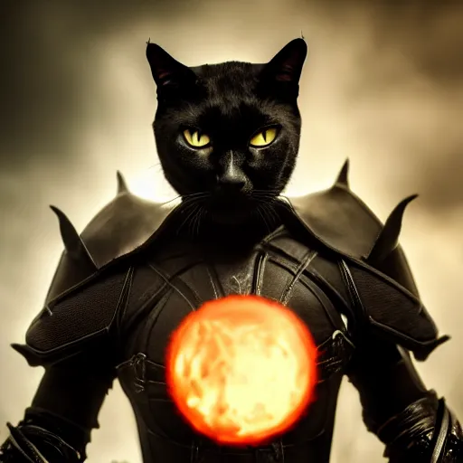 Image similar to Black Cat in armor fighting a demon cinematic lighting, fine detail, trending on artstation, ultra crisp, high contrast, ominous, threatening, haunting, forbidding, gloomy, Long shot