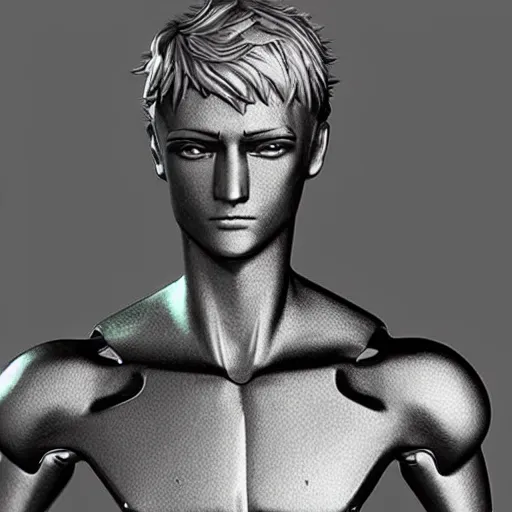 Image similar to “a realistic detailed photo of a guy who is an attractive humanoid who is half robot and half humanoid, who is a male android, twitch streamer Ninja Tyler Blevins, shiny skin, posing like a statue, blank stare”