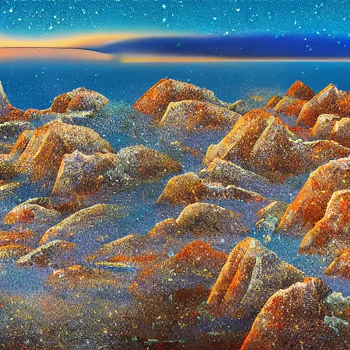 Image similar to rocky desert islands surrounded by steep glittering crystalline cliffs, high quality digital art