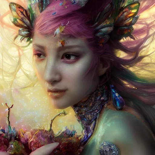 Prompt: face closeup of magical fairy flowers and ice velvet, ay 2 ppq, diamonds, angels, 3 d render, hyper - realistic detailed portrait, holding fire and electricity rainbow, ruan jia, wlop. scifi, fantasy, magic the gathering, hyper detailed, octane render, concept art, peter mohrbacher c 2 0