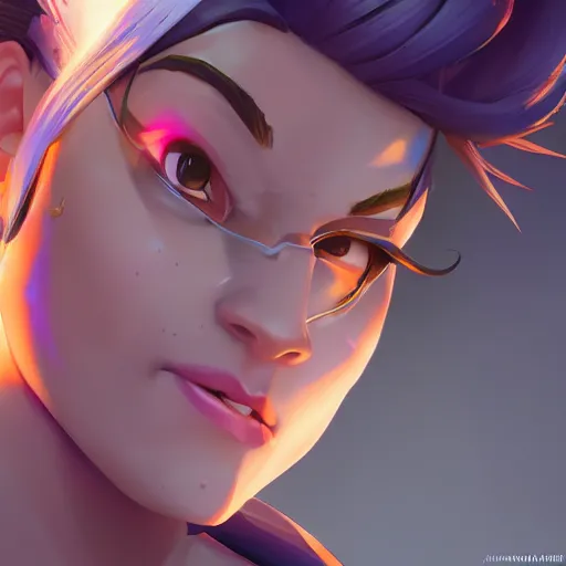 Image similar to head of overwatch main character Blizzard pixar 3d maya engine on stylized background splash comics global illumination lighting, lois van baarle, ilya kuvshinov, rossdraws, artstation