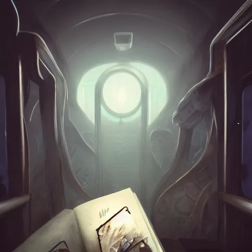 Prompt: a haunted book with glowing pages laying on the seat of a subway train, by Raphael Lacoste, Makoto Shinkai, 4k, trending on artstation, rendered in unreal engine