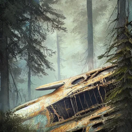 Image similar to an old plane crashed on a hill, there is a forest in the background, texture, intricate, details, highly detailed, masterpiece, architecture, building, trending on artstation, focus, sharp focus, concept art, digital painting, fantasy, sunny, day, midday