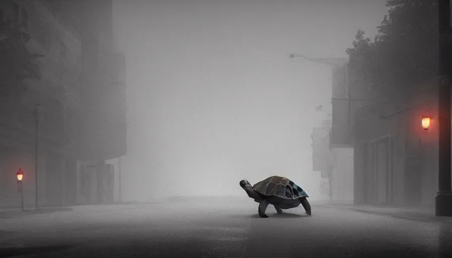 Prompt: giant turtle walking in silent hill streets, fog, empty streets, hyperdetailed, artstation, cgsociety, 8 k