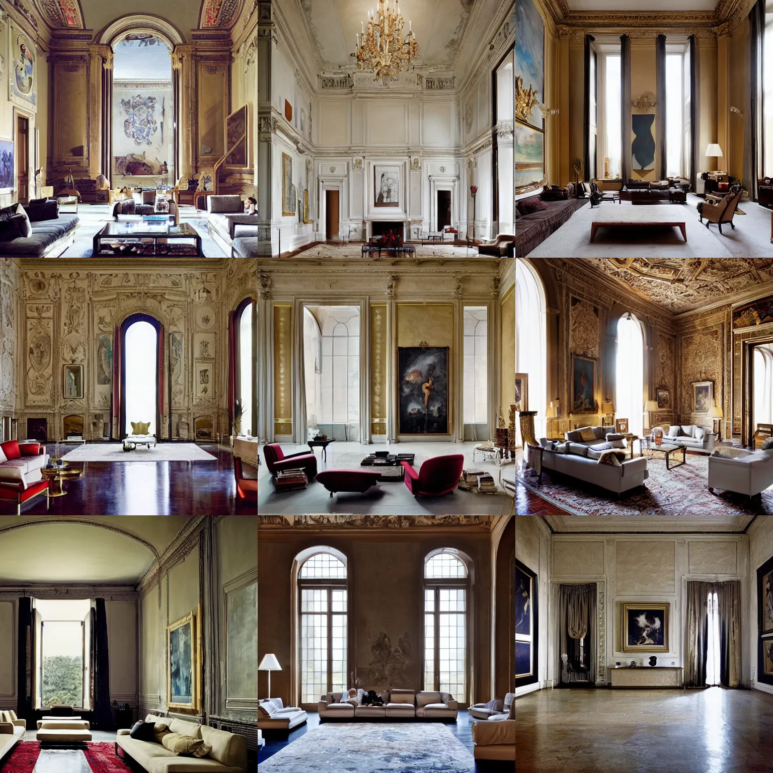 Prompt: giant Italian modern castle living room, clean minimalist design, that is 1300 feet tall, with very tall giant walls filled with modern art paintings, doors that are cosmic portals, photo by Annie Leibovitz