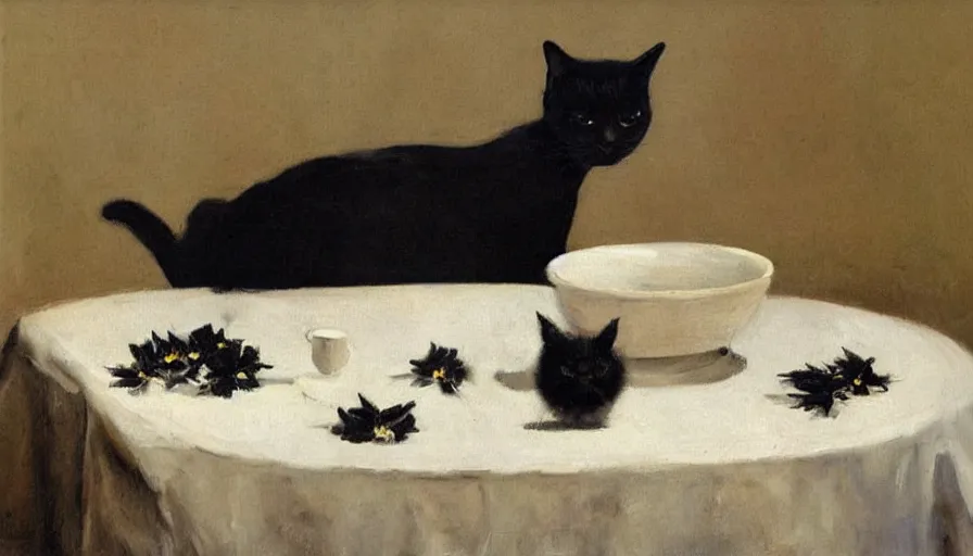 Image similar to painting by borremans, black cat on the table with black flowers, detailed, stunning