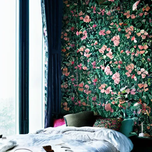 Image similar to a beautiful room with intricate wallpapers and flowers