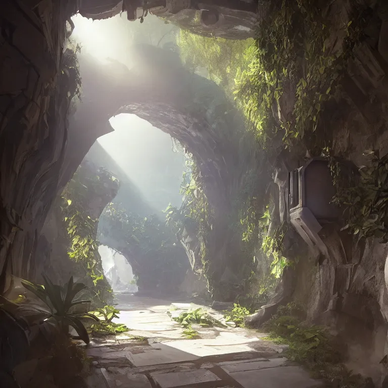 Image similar to arc hallway for secret overwatch habitation quarters carved inside a cave surrounding a lush garden, trimmed, sheltered, magical, natural light, clean lines, cozy, fantasy, minimalist architecture, sharp focus, concept art, by greg rutkowski and craig mullins,, octane render 8 k