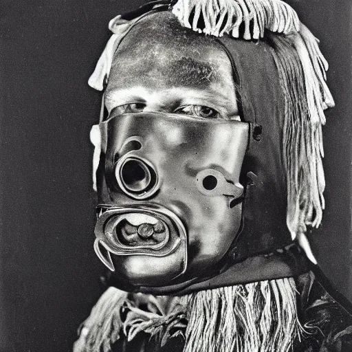 Image similar to photo portrait of 19 century brutal metal face mask cultist lord rich baron by Diane Arbus and Louis Daguerre