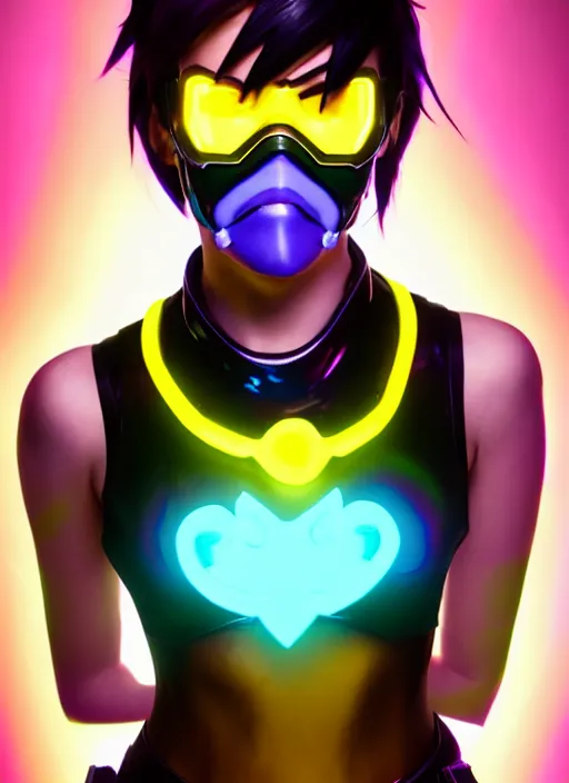 Image similar to full body overwatch style oil painting portrait of tracer overwatch, confident pose, wearing black jagged iridescent rainbow latex armor, rainbow, neon, 4 k, expressive surprised expression, makeup, wearing large rainbow neon choker, studio lighting, acid, trippy, black leather harness, expressive detailed face and eyes,