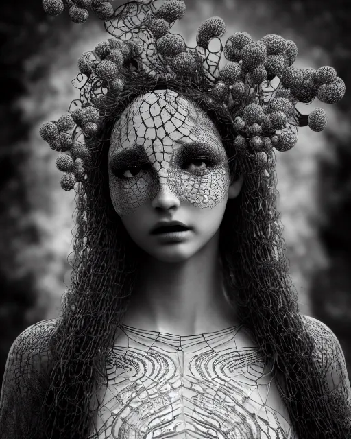 Image similar to surreal mythical dreamy dark artistic black and white fine art photo of a beautiful young female medusa - cyborg covered with lace fish scales and translucent algae, highly detailed, intricate crystal ivy jelly fish scales ornate, lace web, poetic, octane render, 8 k, photo - realistic