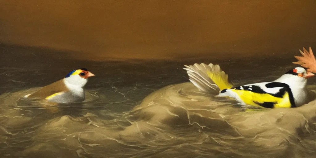 Image similar to painting of a goldfinch drowning in a river of nightmares, in the background you can see the universe. by theodore gericault, realistic oil painting, 4 k, studio lightning, award winning, very detailed shadows