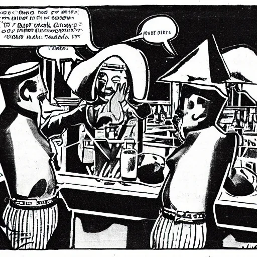 Prompt: two pyramids walking into a bar, comic, 1 9 5 8, very high detail