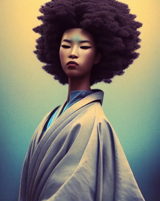 Prompt: portrait of pretty samurai with afro, prismatic highlights, model, brown skin, blue eyes, telephoto, beautiful, depth of field, cinematic, macro, concept art, 50mm, art station, wepa digital, digital painting, elegant, epic, focus, octane render, v-ray, 8k, C4D, art by Karol Bak