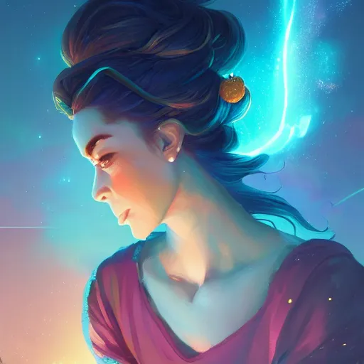 Image similar to portrait of beautiful woman with magical nebula hair, maya ali mage, gloomhaven, dynamic lighting, gaudy colors, octane render aesthetic, matte painting concept art, official fanart behance hd artstation by jesper ejsing, by rhads and makoto shinkai and lois van baarle and ilya kuvshinov and rossdraws