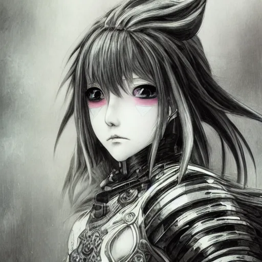 Image similar to yoshitaka amano realistic illustration of an anime girl with black eyes, wavy white hair fluttering in the wind and cracks on her face wearing elden ring armour with engraving, abstract black and white patterns on the background, noisy film grain effect, highly detailed, renaissance oil painting, weird portrait angle, blurred and dreamy portrait, three quarter angle, evangelion color palette
