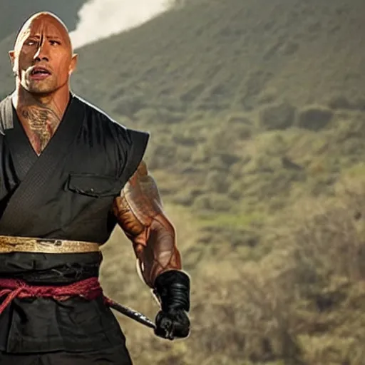 Image similar to a film still of Dwayne Johnson as samurai holding katana