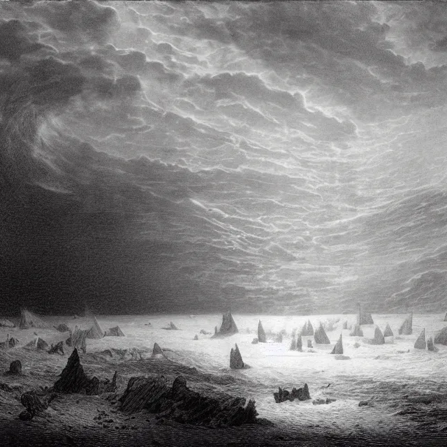 Prompt: an engraving of the sea of ice by gustave dore, caspar david friedrich, foggy, depth, strong shadows, stormclouds, illuminated focal point, highly detailed