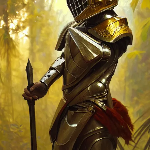 Prompt: photo of a humanoid chameleon dressed in armor with a golden helmet on the head, hold sword in the forest, highly detailed, digital painting, artstation, smooth, sharp focus, illustration, art by artgerm and greg rutkowski and alphonse mucha