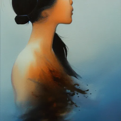 Prompt: asian girl, liquid golden and black fluid, magic hour, dramatic light, marblic fluid mix