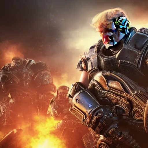 Image similar to Photo portrait of Donald Trump as Crusader!! in Gears of War, splash art, movie still, detailed face, photorealistic facial features, cinematic lighting, dramatic, octane render, long lens, shallow depth of field, bokeh, anamorphic lens flare, 8k, hyper detailed, 35mm film grain