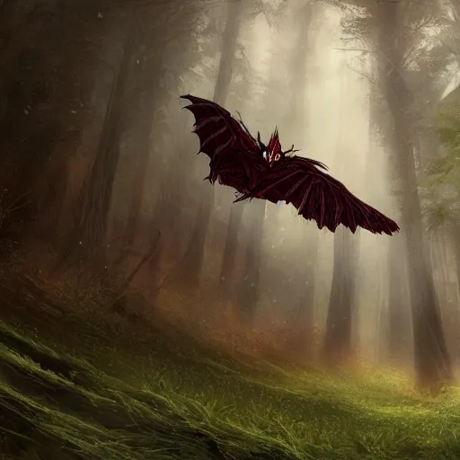 Prompt: cinematic shot of a black with red strips dragon flying over the forest with his wings white digital painting, artstation, concept art, soft light, hdri, smooth, sharp focus, illustration, fantasy, intricate, elegant, highly detailed, D&D, matte painting, in the style of Greg Rutkowski and Alphonse Mucha and artemisia, 8k, highly detailed, jurgens, rutkowski, bouguereau, pastoral, rustic, georgic