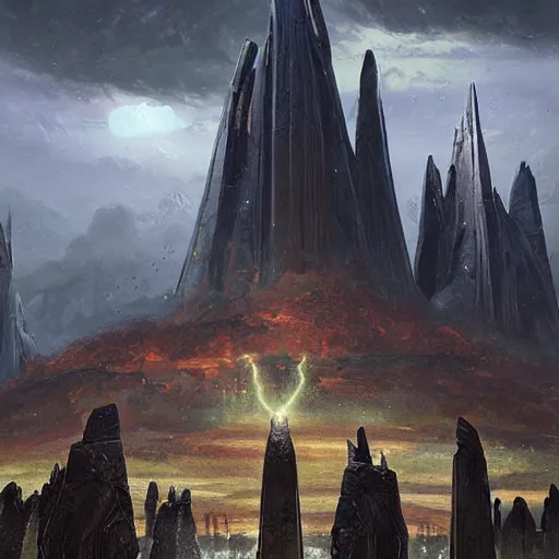 Image similar to pulp fantasy concept art painting of an alien civilisation, sacred monoliths, futuristic, technocracy, toxic, shrines, by greg rutkowski and james gurney