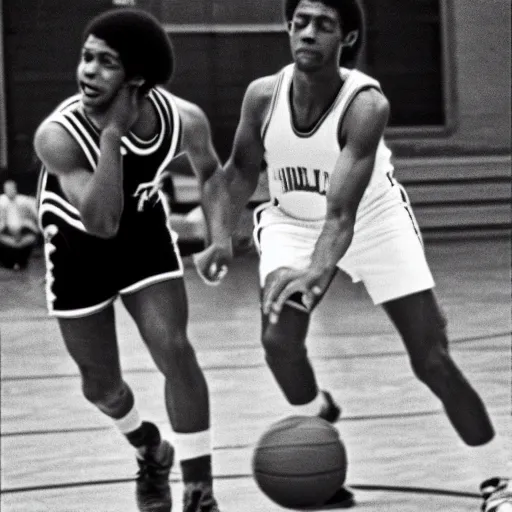 Image similar to photograph of two man playing basketball in Harlem high school, circa 1975