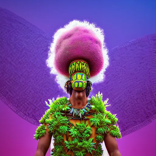 Image similar to an african marijuanna! shaman with an afro made of flowers, third eye art art by machina infinitum, complexity from simplicity, rendered in octane, mandelbulb 3 d, ambient occlusion, radiant lighting, macro photography, felt!!! texture, tribal, pastel! retrowave