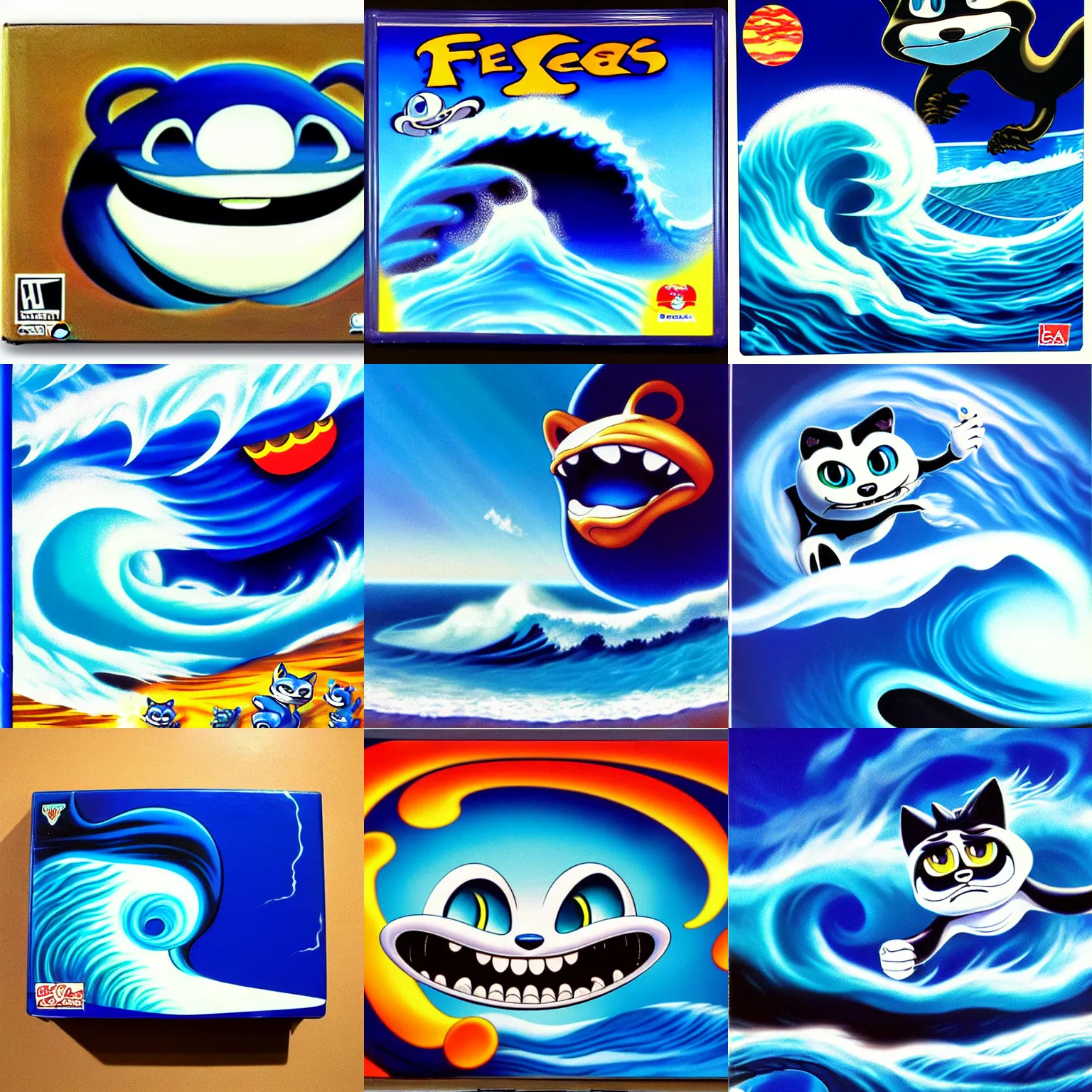 Prompt: surreal, professional, high quality airbrush art of a blue cresting ocean wave in the shape and style of Felix the Cat's head, 1990s 1992 Sega Genesis box art