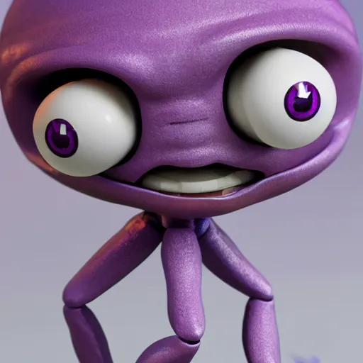 Image similar to photo of a comically tiny clay model of character with large spherical purple head and large childlike eyes with comically tiny body and spindly limbs leans close to the camera, fish eye lens, 4 k, hyper realistic, hyper detailed face, octane render, comedic, cute