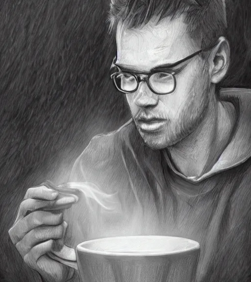 Image similar to Portrait of Antti Kervinen drinking coffee, in the park, charchoal drawing, dimly lit, wispy smoke, intricate, highly detailed, digital painting, artstation, concept art, sharp focus, illustration, art by einar jonsson