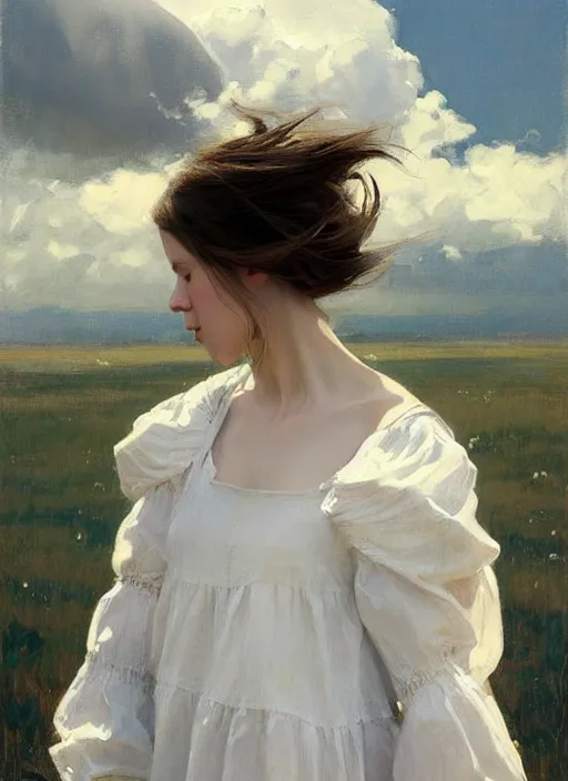 Prompt: portrait of a girl dressed in white clothes chasing flying whales, countryside, calm, fantasy character portrait, dynamic pose, above view, sunny day, thunder clouds in the sky, artwork by Jeremy Lipkin and Giuseppe Dangelico Pino and Michael Garmash and Rob Rey, very coherent asymmetrical artwork, sharp edges, perfect face, simple form, 100mm