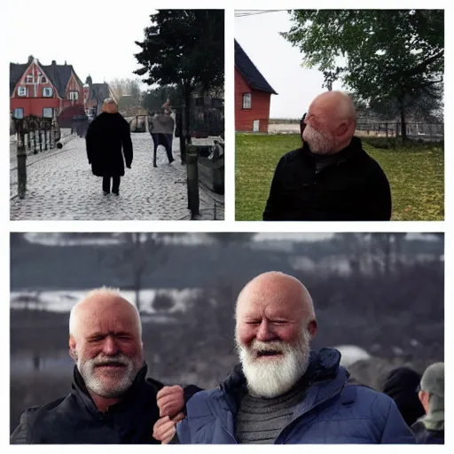 Image similar to danish viking version of hide the pain harold meme