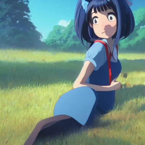 Image similar to a wholesome animation key shot of a girl with a raccoon tail and long dark blue hair, medium shot, studio ghibli, pixar and disney animation, sharp, rendered in unreal engine 5, anime key art by greg rutkowski, bloom, dramatic lighting, trending on artstation