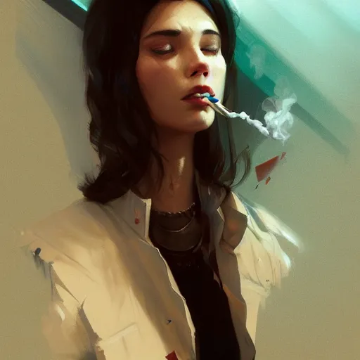 Image similar to a dark - haired girl smoking on the plane highly detailed, digital painting, artstation, concept art, sharp focus, illustration, art by greg rutkowski