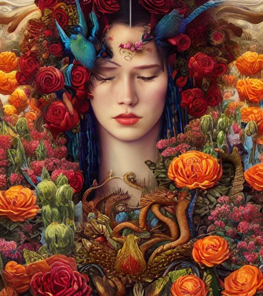 Prompt: portrait of a quetzalcoatl, surrounded by flowers by karol bak, james jean, tom bagshaw, rococo, trending on artstation, cinematic lighting, hyper realism, octane render, 8 k, hyper detailed, ink by frank miller