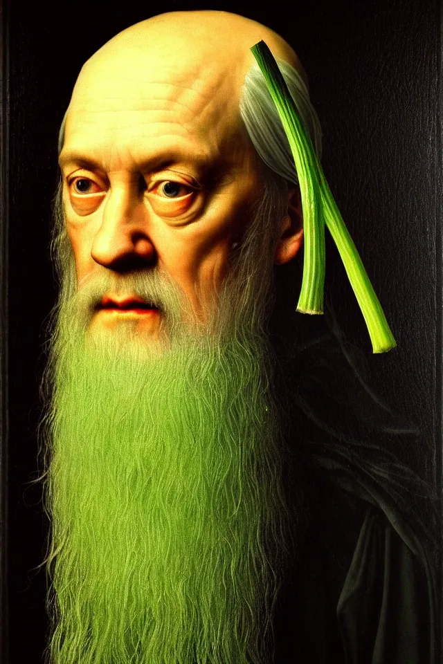 Image similar to bizarre renaissance portrait of dumbledore as a highly detailed celery stick, dramatic cinematic lighting, 8 k, beautiful intricate painting