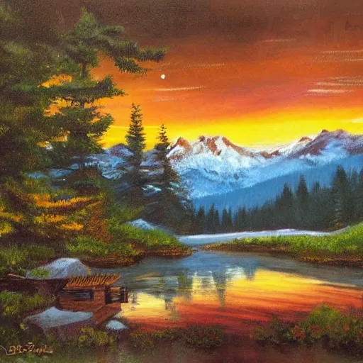 Prompt: a mountain cabin, bob ross, james burton, twilight