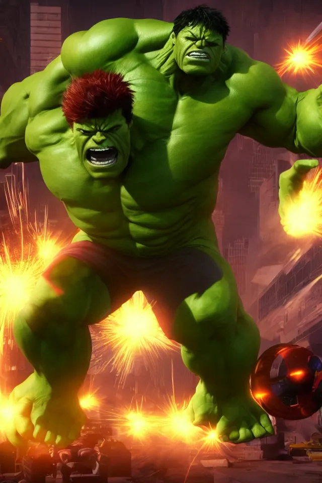Image similar to The Hulk Buster Battles The X-Men, Action Shot, 8K, octane render, HDR, volumetric lighting, Anime Style