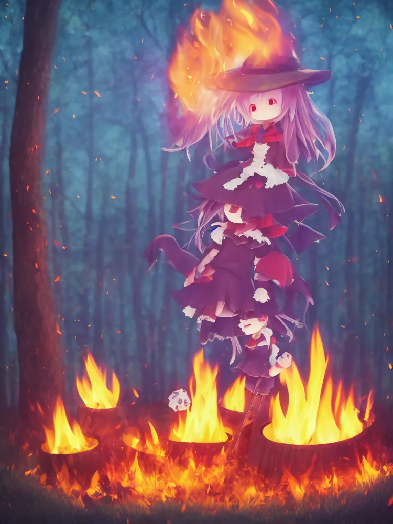 Image similar to cute fumo plush manic happy witch pyromaniac girl giddily starting a huge bonfire in the forest, anime, burning flames, warm glow and volumetric smoke vortices, rule of thirds composition, vignette, vray